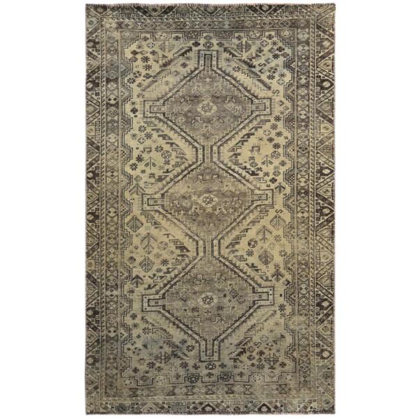 4'1"x6'7" Semi Antique Beige Persian Shiraz Sheared Down Pile Clean Hand Knotted Organic Wool Oriental Rug  - 60546