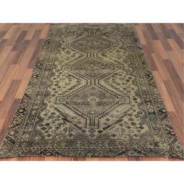 4'1"x6'7" Semi Antique Beige Persian Shiraz Sheared Down Pile Clean Hand Knotted Organic Wool Oriental Rug  - 60546 - Image 3