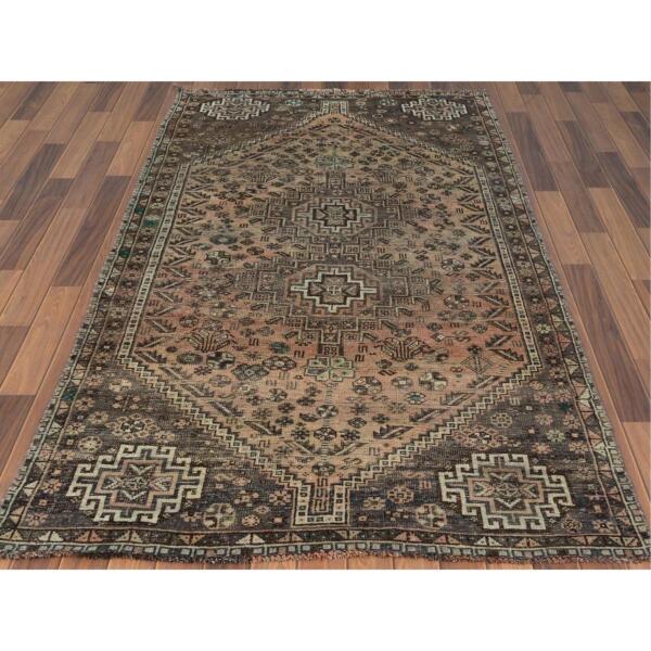 4'4"x7'5" Semi Antique Brown Persian Shiraz Clean Abrash Hand Knotted Soft Natural Wool Oriental Rug  - 60551 - Image 3