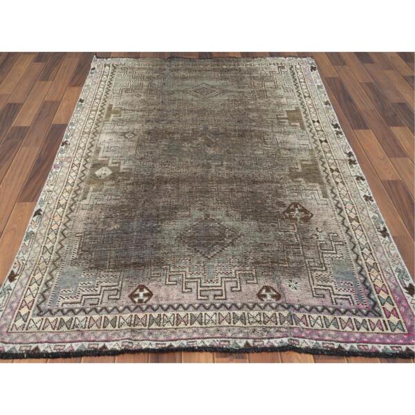 4'5"x7'2" Semi Antique Beige Persian Shiraz Worn Down Clean Distressed Hand Knotted Organic Wool Oriental Rug  - 60553 - Image 3