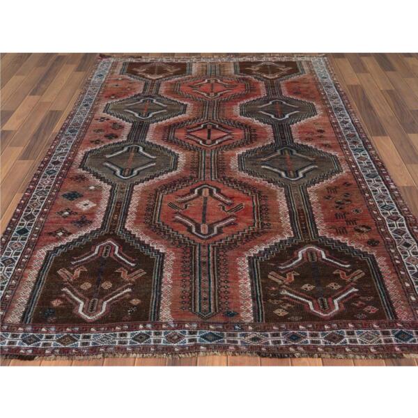 5'3"x7'10" Vintage Hand Knotted Red Persian Qashqai Sheared Down Pile Clean Organic Wool Oriental Rug  - 60617 - Image 3