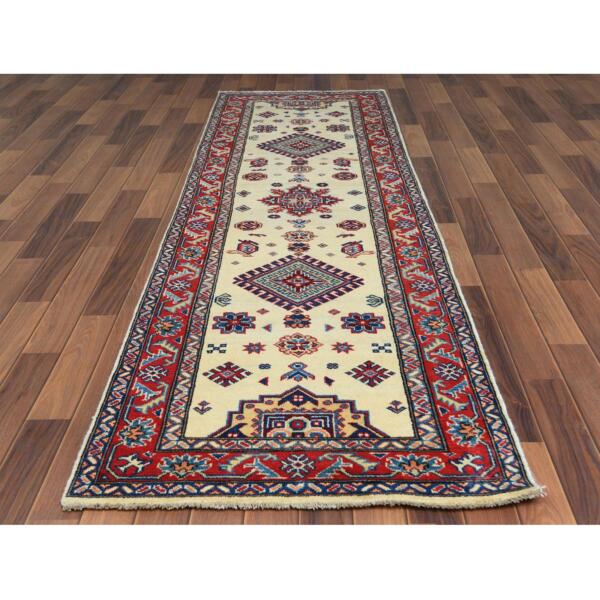 2'8"x9'8" Ivory Geometric Design Special Kazak Hand Knotted Pure Wool Oriental Runner Rug  - 60725 - Image 3