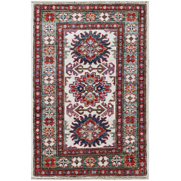 2'x3' Ivory Super Kazak Tribal Design Hand Knotted Vibrant Wool Oriental Rug  - 60796