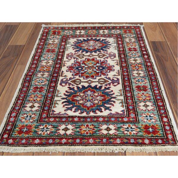 2'x3' Ivory Super Kazak Tribal Design Hand Knotted Vibrant Wool Oriental Rug  - 60796 - Image 3