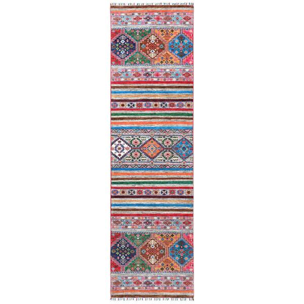 2'9"x9'8" Colorful Super Kazak Khorjin Design With Colorful Tassles Vibrant Wool Hand Knotted Oriental Runner Rug  - 60842