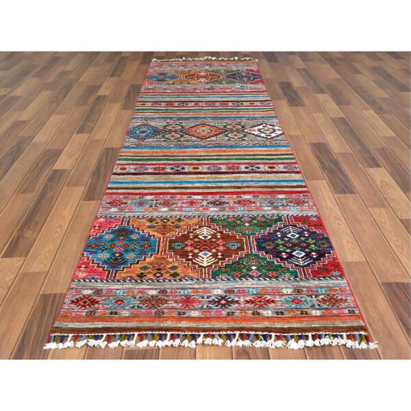 2'9"x9'8" Colorful Super Kazak Khorjin Design With Colorful Tassles Vibrant Wool Hand Knotted Oriental Runner Rug  - 60842 - Image 3