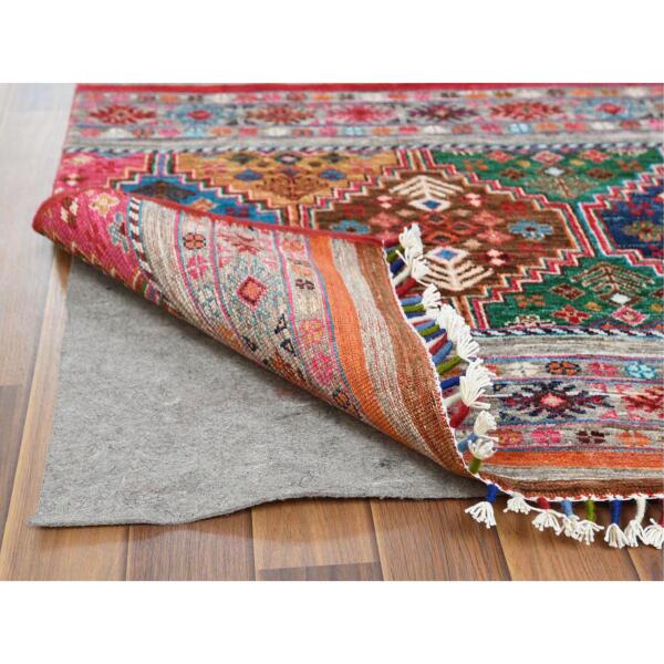 2'9"x9'8" Colorful Super Kazak Khorjin Design With Colorful Tassles Vibrant Wool Hand Knotted Oriental Runner Rug  - 60842 - Image 4