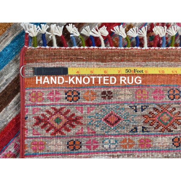 2'9"x9'8" Colorful Super Kazak Khorjin Design With Colorful Tassles Vibrant Wool Hand Knotted Oriental Runner Rug  - 60842 - Image 8