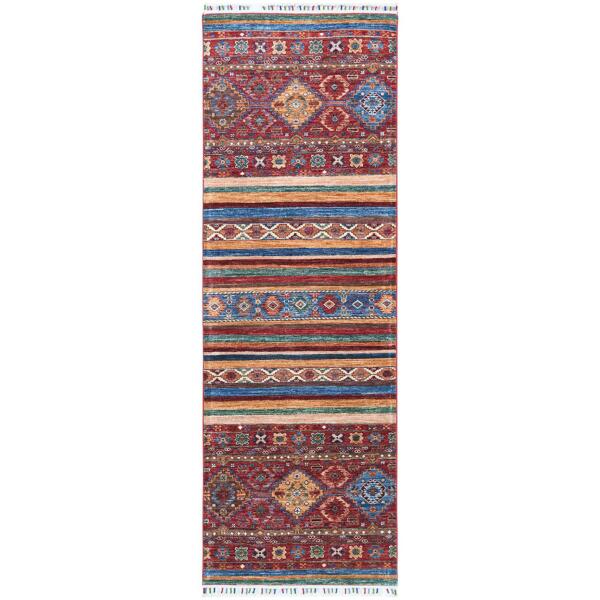 2'8"x8'1" Red Super Kazak Khorjin Design With Colorful Tassles Soft Velvety Wool Hand Knotted Oriental Runner Rug  - 60847