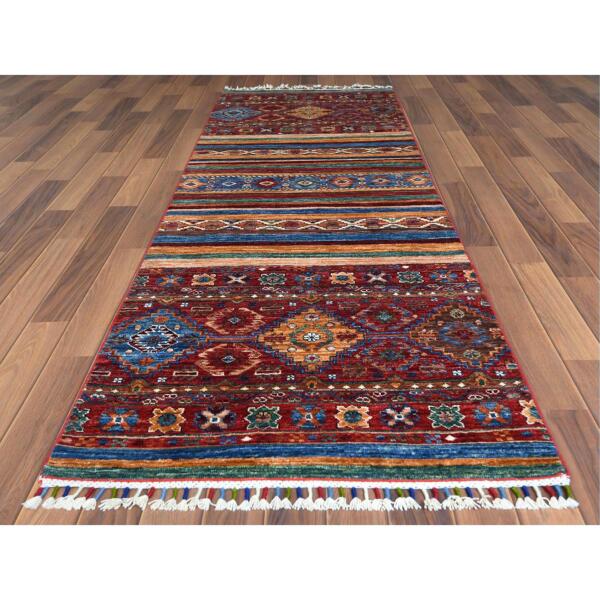 2'8"x8'1" Red Super Kazak Khorjin Design With Colorful Tassles Soft Velvety Wool Hand Knotted Oriental Runner Rug  - 60847 - Image 3