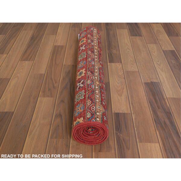 2'8"x8'1" Red Super Kazak Khorjin Design With Colorful Tassles Soft Velvety Wool Hand Knotted Oriental Runner Rug  - 60847 - Image 6