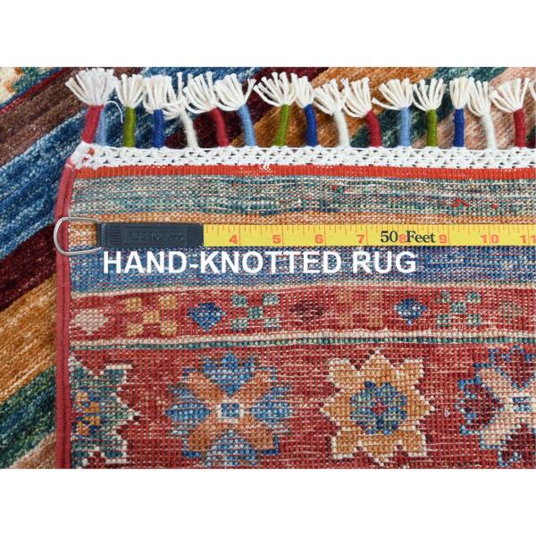 2'8"x8'1" Red Super Kazak Khorjin Design With Colorful Tassles Soft Velvety Wool Hand Knotted Oriental Runner Rug  - 60847 - Image 8