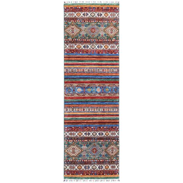 2'7"x8'8" Colorful Super Kazak Khorjin And Primitive Design Vibrant Wool Hand Knotted Oriental Runner Rug  - 60848