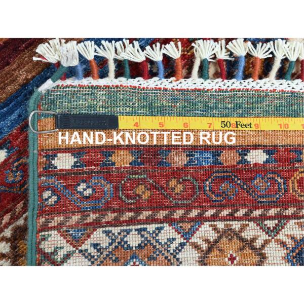 2'7"x8'8" Colorful Super Kazak Khorjin And Primitive Design Vibrant Wool Hand Knotted Oriental Runner Rug  - 60848 - Image 8