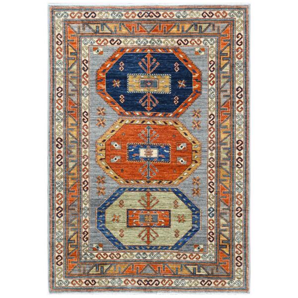 4'2"x5'10" Colorful Hand Knotted Super Dense Weave Armenian Inspired Kazak with Triple Medallion Pure Wool Oriental Rug  - 61294