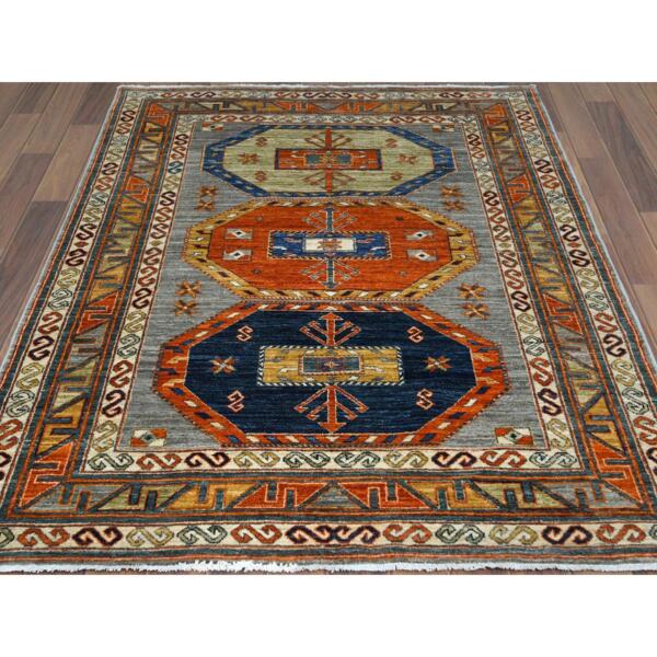 4'2"x5'10" Colorful Hand Knotted Super Dense Weave Armenian Inspired Kazak with Triple Medallion Pure Wool Oriental Rug  - 61294 - Image 3