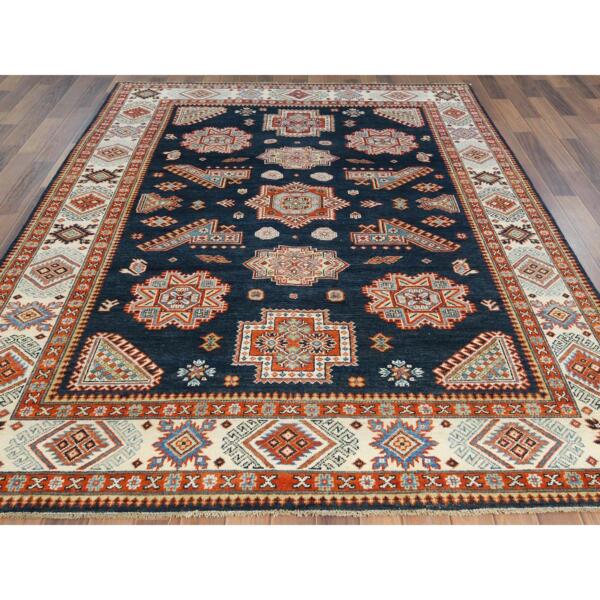 6'1"x9' Hand Knotted, Navy Blue, Caucasian Design, Afghan Special Kazak with Tribal Medallions, Shiny Wool, Oriental Rug  - 61671 - Image 4