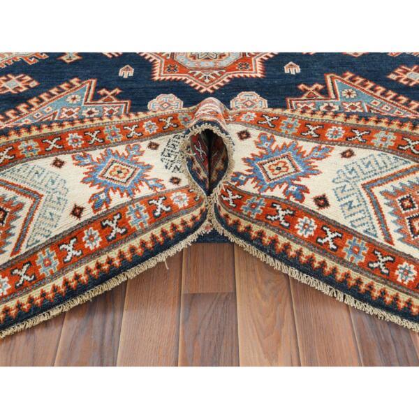 6'1"x9' Hand Knotted, Navy Blue, Caucasian Design, Afghan Special Kazak with Tribal Medallions, Shiny Wool, Oriental Rug  - 61671 - Image 7