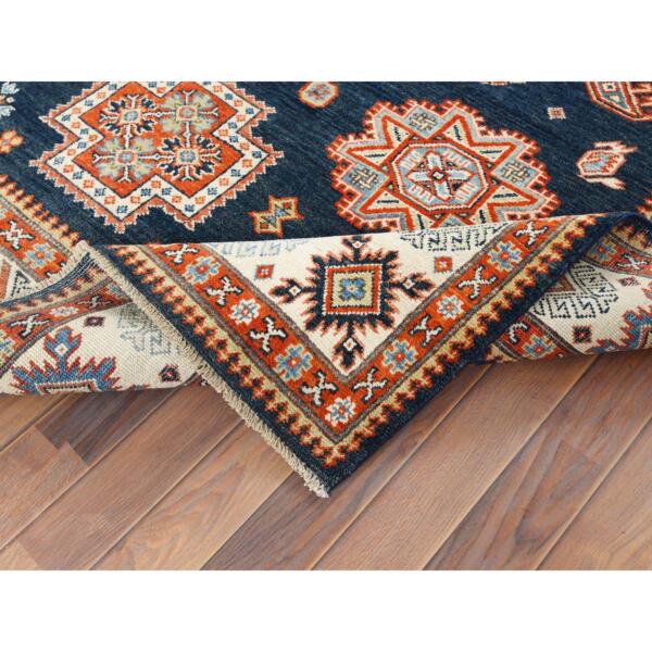 6'1"x9' Hand Knotted, Navy Blue, Caucasian Design, Afghan Special Kazak with Tribal Medallions, Shiny Wool, Oriental Rug  - 61671 - Image 8