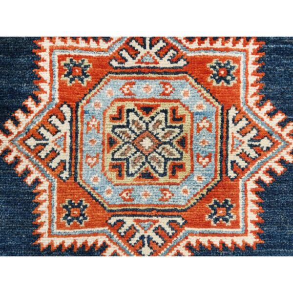 6'1"x9' Hand Knotted, Navy Blue, Caucasian Design, Afghan Special Kazak with Tribal Medallions, Shiny Wool, Oriental Rug  - 61671 - Image 10