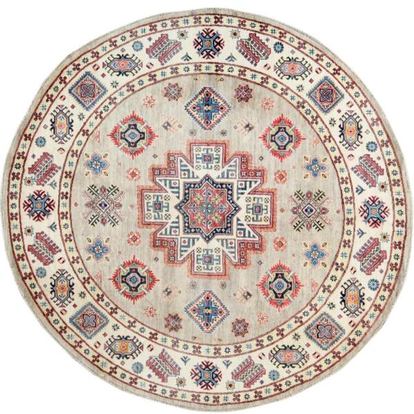 7'10"x7'10" Beige, Caucasian Afghan Special Kazak with Star Design, Round, Hand Knotted, Organic Wool, Oriental Rug  - 61682