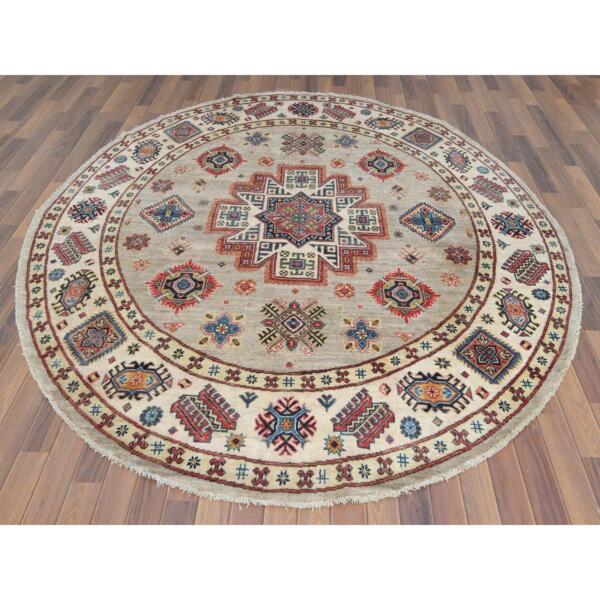 7'10"x7'10" Beige, Caucasian Afghan Special Kazak with Star Design, Round, Hand Knotted, Organic Wool, Oriental Rug  - 61682 - Image 4