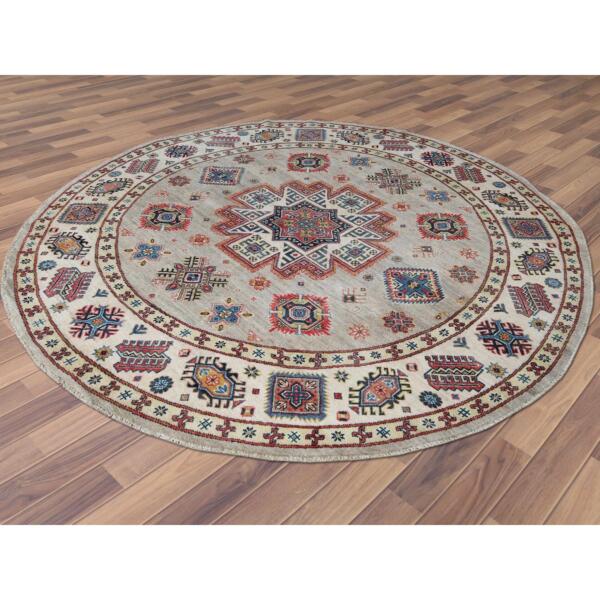 7'10"x7'10" Beige, Caucasian Afghan Special Kazak with Star Design, Round, Hand Knotted, Organic Wool, Oriental Rug  - 61682 - Image 5