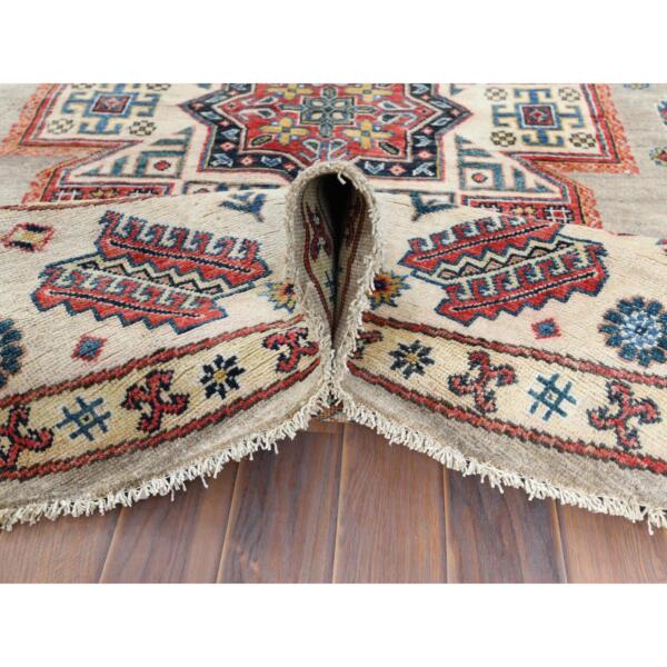 7'10"x7'10" Beige, Caucasian Afghan Special Kazak with Star Design, Round, Hand Knotted, Organic Wool, Oriental Rug  - 61682 - Image 6