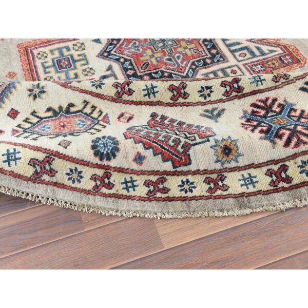 7'10"x7'10" Beige, Caucasian Afghan Special Kazak with Star Design, Round, Hand Knotted, Organic Wool, Oriental Rug  - 61682 - Image 7