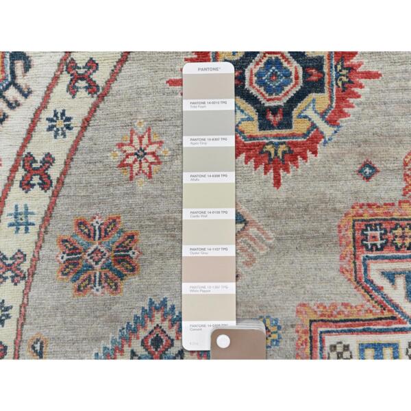 7'10"x7'10" Beige, Caucasian Afghan Special Kazak with Star Design, Round, Hand Knotted, Organic Wool, Oriental Rug  - 61682 - Image 8