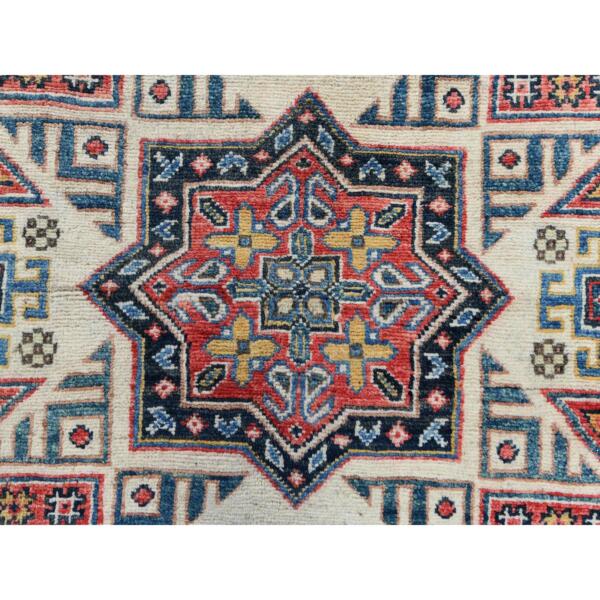 7'10"x7'10" Beige, Caucasian Afghan Special Kazak with Star Design, Round, Hand Knotted, Organic Wool, Oriental Rug  - 61682 - Image 9