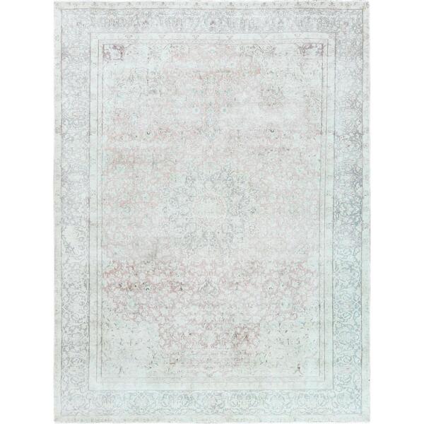 9'8"x12'10" Worn Wool, Sheared Low, Hand Knotted, Ivory, Vintage Persian Kerman, Distressed Look, Oriental Rug  - 61795