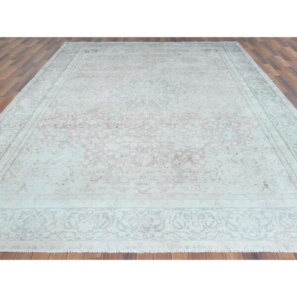 9'8"x12'10" Worn Wool, Sheared Low, Hand Knotted, Ivory, Vintage Persian Kerman, Distressed Look, Oriental Rug  - 61795 - Image 4