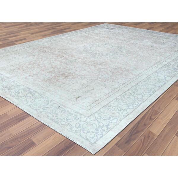 9'8"x12'10" Worn Wool, Sheared Low, Hand Knotted, Ivory, Vintage Persian Kerman, Distressed Look, Oriental Rug  - 61795 - Image 5