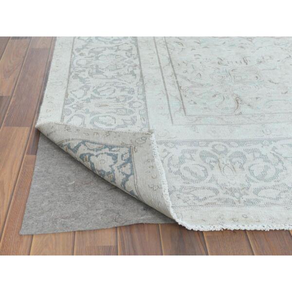 9'8"x12'10" Worn Wool, Sheared Low, Hand Knotted, Ivory, Vintage Persian Kerman, Distressed Look, Oriental Rug  - 61795 - Image 6