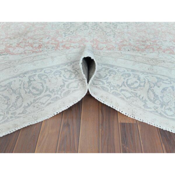 9'8"x12'10" Worn Wool, Sheared Low, Hand Knotted, Ivory, Vintage Persian Kerman, Distressed Look, Oriental Rug  - 61795 - Image 7