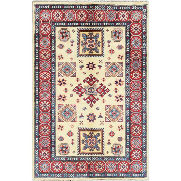 3'x4'7" Afghan Special Kazak with Colorful Pattern, Natural Wool, Hand Knotted, Ivory, Caucasian Design, Oriental Rug  - 61809