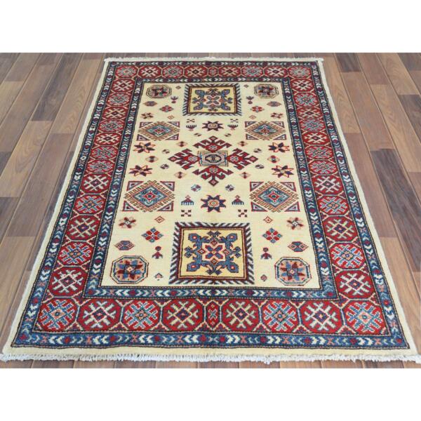 3'x4'7" Afghan Special Kazak with Colorful Pattern, Natural Wool, Hand Knotted, Ivory, Caucasian Design, Oriental Rug  - 61809 - Image 3