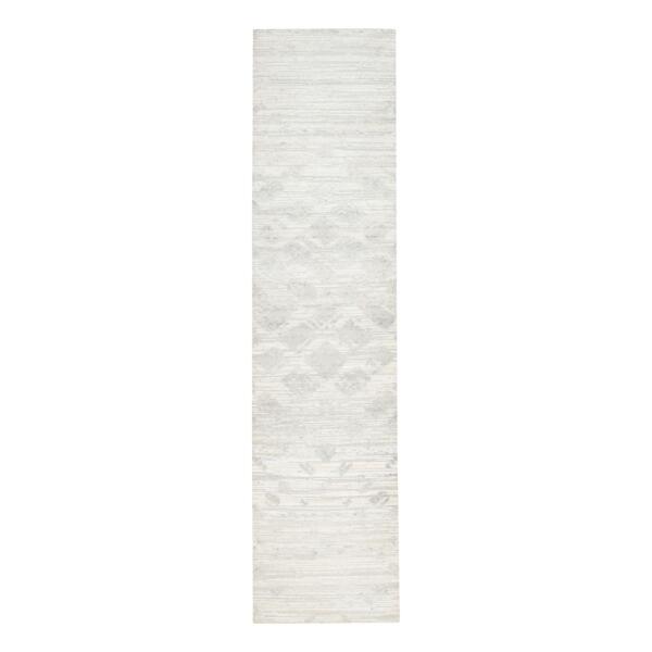 2'7"x12' Hand Spun Undyed Natural Wool Modern Hand Knotted Ivory Oriental Runner Rug  - 62919