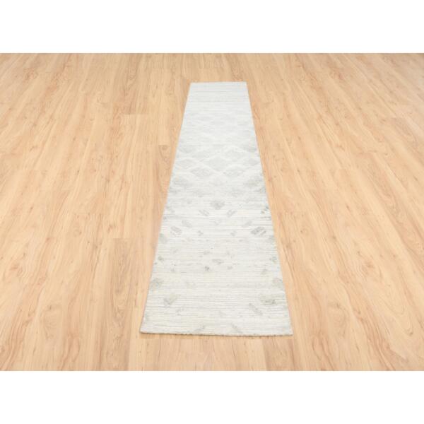 2'7"x12' Hand Spun Undyed Natural Wool Modern Hand Knotted Ivory Oriental Runner Rug  - 62919 - Image 3