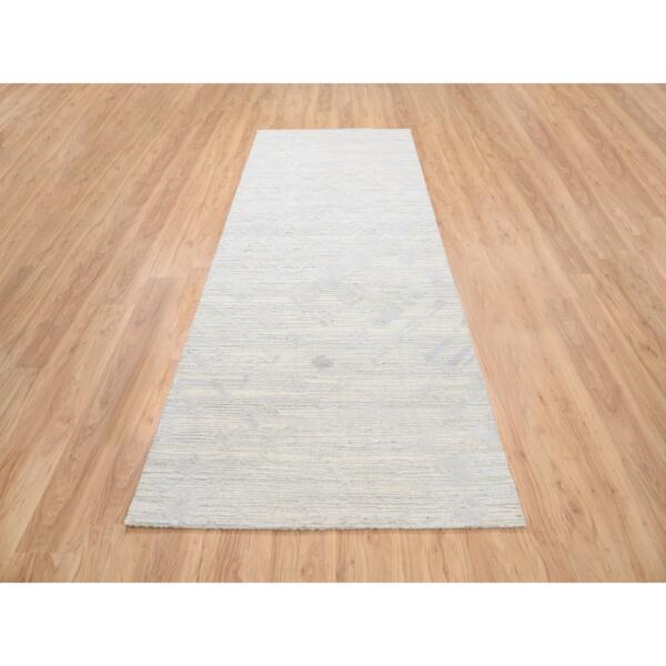 4'1"x10'1" Modern Design Hand Spun Undyed Natural Wool Hand Knotted Ivory Oriental Wide Runner Rug  - 63377 - Image 3