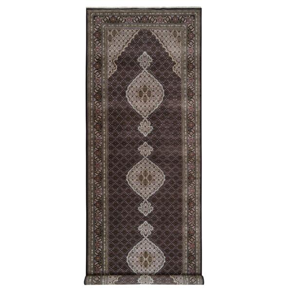 6'1"x18'1" Rich Black Tabriz Mahi with Fish Medallion Design, Wool, 175 KPSI, Hand Knotted Oriental Wide Runner Rug  - 63842