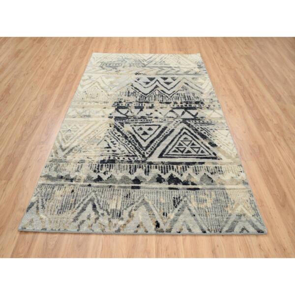 6'x8'10" Gray, Thick and Plush Hand Knotted, Supple Collection Erased Ethnic Geometric Design Pure Wool, Oriental Rug  - 63859 - Image 3