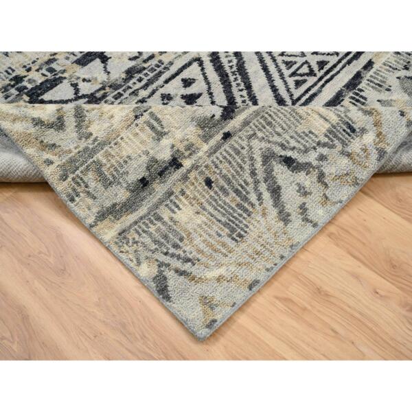 6'x8'10" Gray, Thick and Plush Hand Knotted, Supple Collection Erased Ethnic Geometric Design Pure Wool, Oriental Rug  - 63859 - Image 7