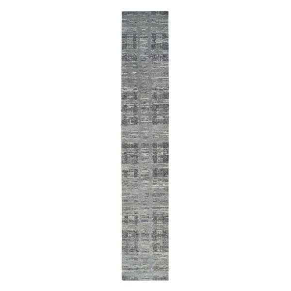 2'7"x16' Light Gray Hand Spun Undyed Natural Wool Modern Hand Knotted Oriental Runner Rug  - 64137