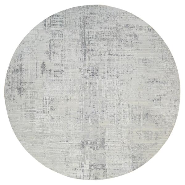 13'9"x13'9" Light Gray Hand Knotted Modern Hand Spun Undyed Natural Wool Round Oriental Rug  - 64232