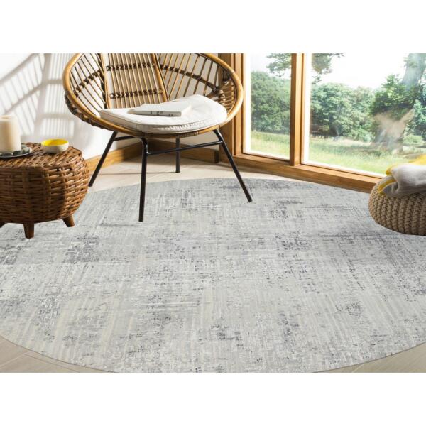 13'9"x13'9" Light Gray Hand Knotted Modern Hand Spun Undyed Natural Wool Round Oriental Rug  - 64232 - Image 3