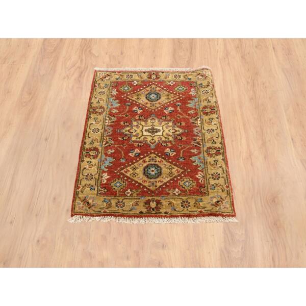2'1"x3' Red-Gold, Karajeh Design, with Geometric Medallions Design, Hand Knotted, Pure Wool, Oriental Rug  - 64535 - Image 3