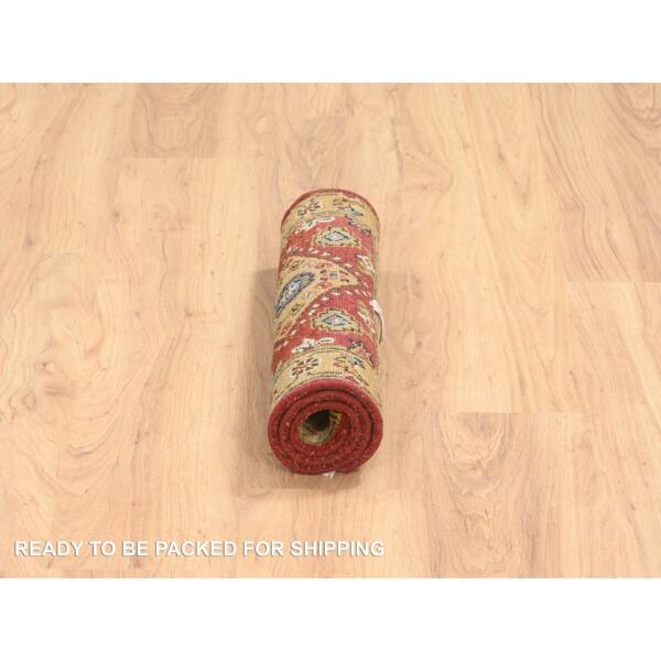 2'1"x3' Red-Gold, Karajeh Design, with Geometric Medallions Design, Hand Knotted, Pure Wool, Oriental Rug  - 64535 - Image 7