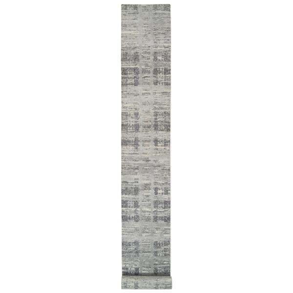 2'7"x23'8" Light Gray, Hand Spun Undyed Natural Wool, Hand Knotted, Modern Design, XL Runner Oriental Rug  - 64696